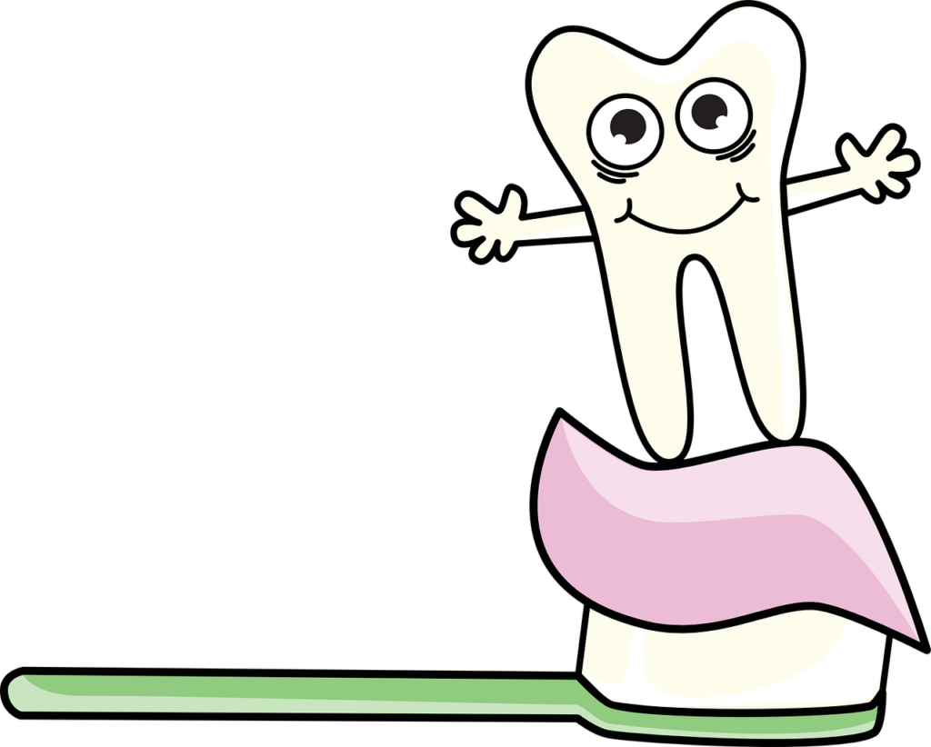 an illustration of a happy teeth on top of a toothpaste and toothbrush